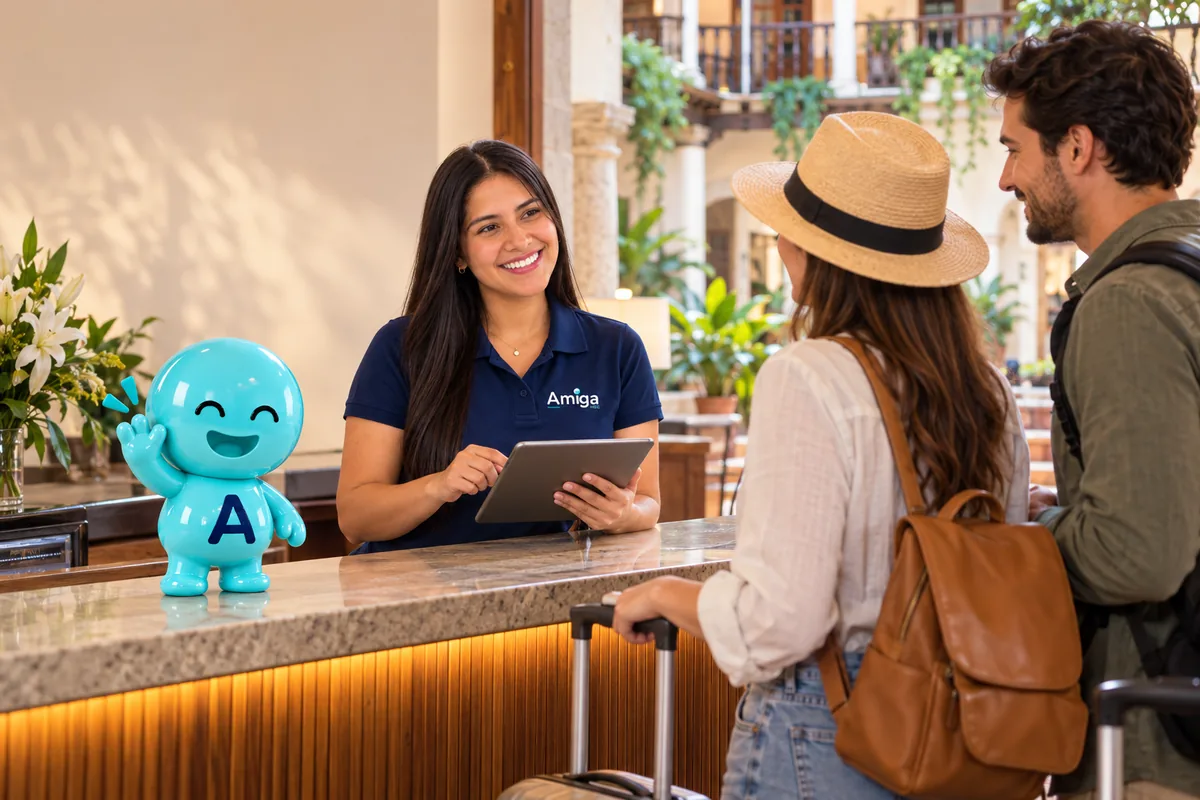 Lila, del equipo Amiga, recibe a dos turistas en la recepción de un hotel boutique con Ami saludando